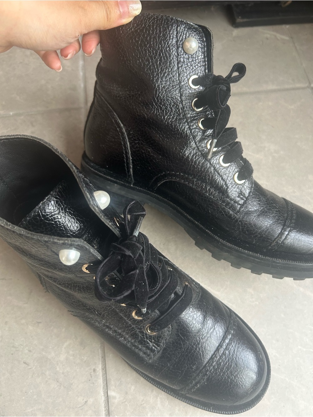 Women Shiny Calfskin Velvet Faux Pearl Combat Short Boots in black size 38